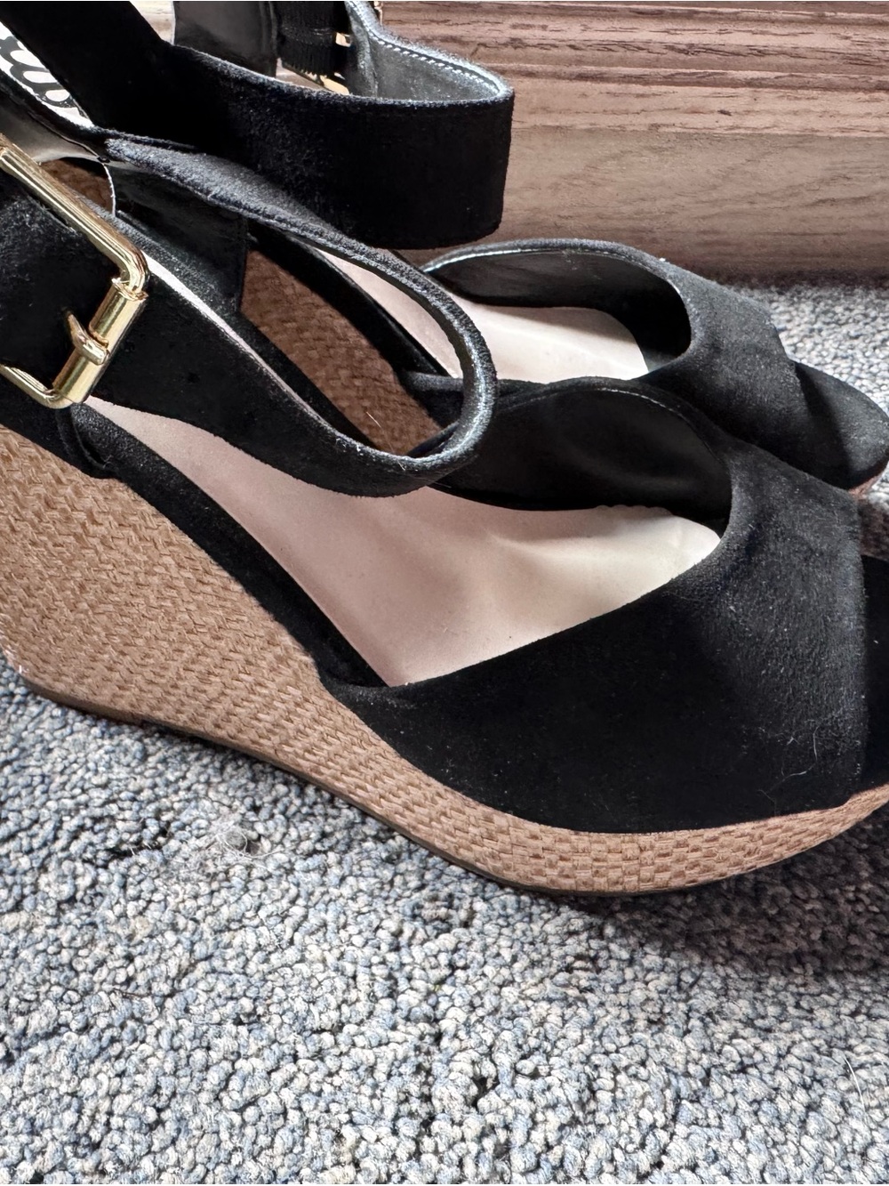 Fergalicious Black Suede Espadrille Wedge Sandals with Gold Buckle